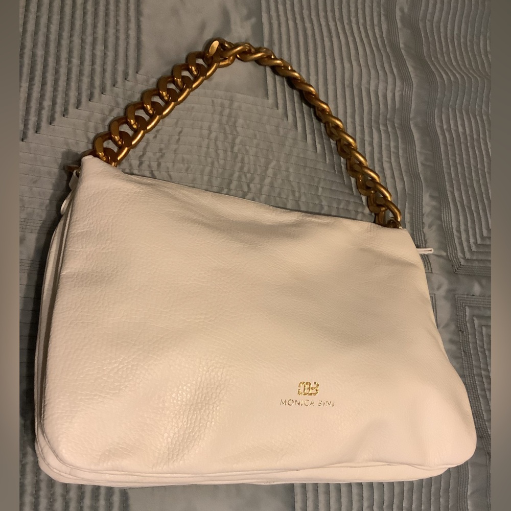 Monica Bini White Leather Handbag Purse With Gold Chain Strap NEW - Picture 2 of 11